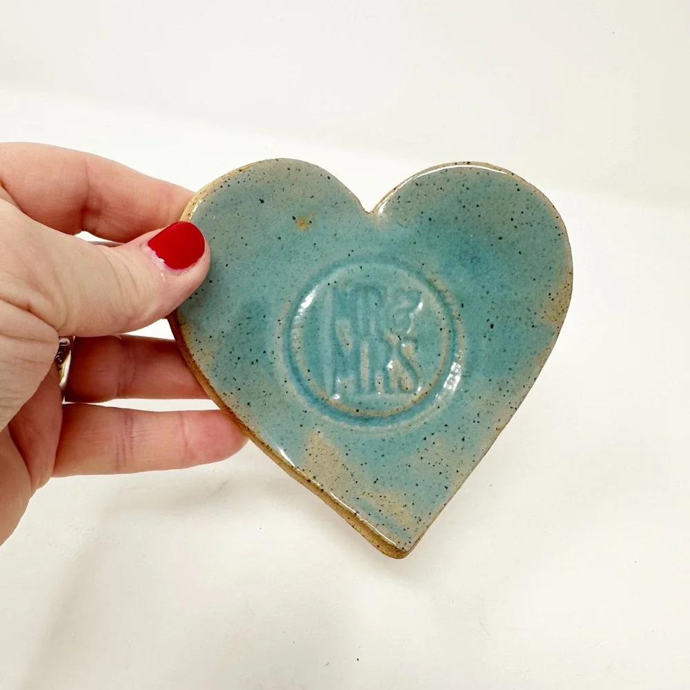 Mr & Mrs Ceramic Pottery Heart Shaped Ring‎ Dish Handmade
